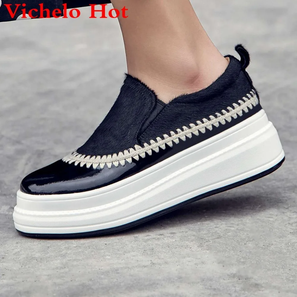 

Vichelo Hot horsehair natural leather high bottom platform slip on loafers patchwork round toe daily wear vulcanized shoes L19