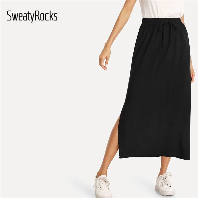 SweatyRocks, черная юбка с разрезом по бокам, Женская эластичная талия, полная длина, элегантные юбки,, модная Осенняя Спортивная юбка