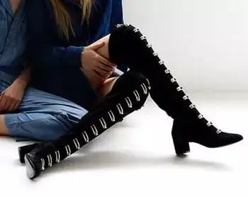 

2017 Drop Shipping Fall Women Fashion Black Thick Metal Buckles Front Rough Heel Thigh Over The Knee Low Heels Long Boots 44