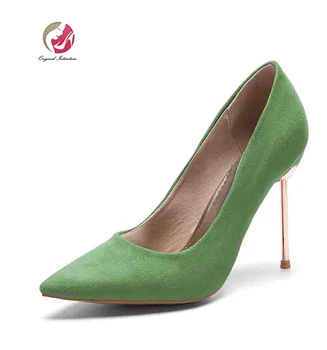 

Original Intention Women Pumps Flock Pointed Toe Thin Super High Metal Heel Slip-On Elegant Pumps Red Black Green US Size 5-16.