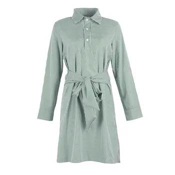 

Women Striped Dresses Shirt Fashion Mini Dress Long Sleeve Bow Turn-down Collar Dresses Straight Button Sukienki Vestido Festa
