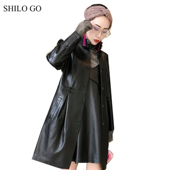 

SHILO GO Leather Trench Womens Spring Fashion sheepskin genuine leather long turtleneck collar single breasted office lady coat