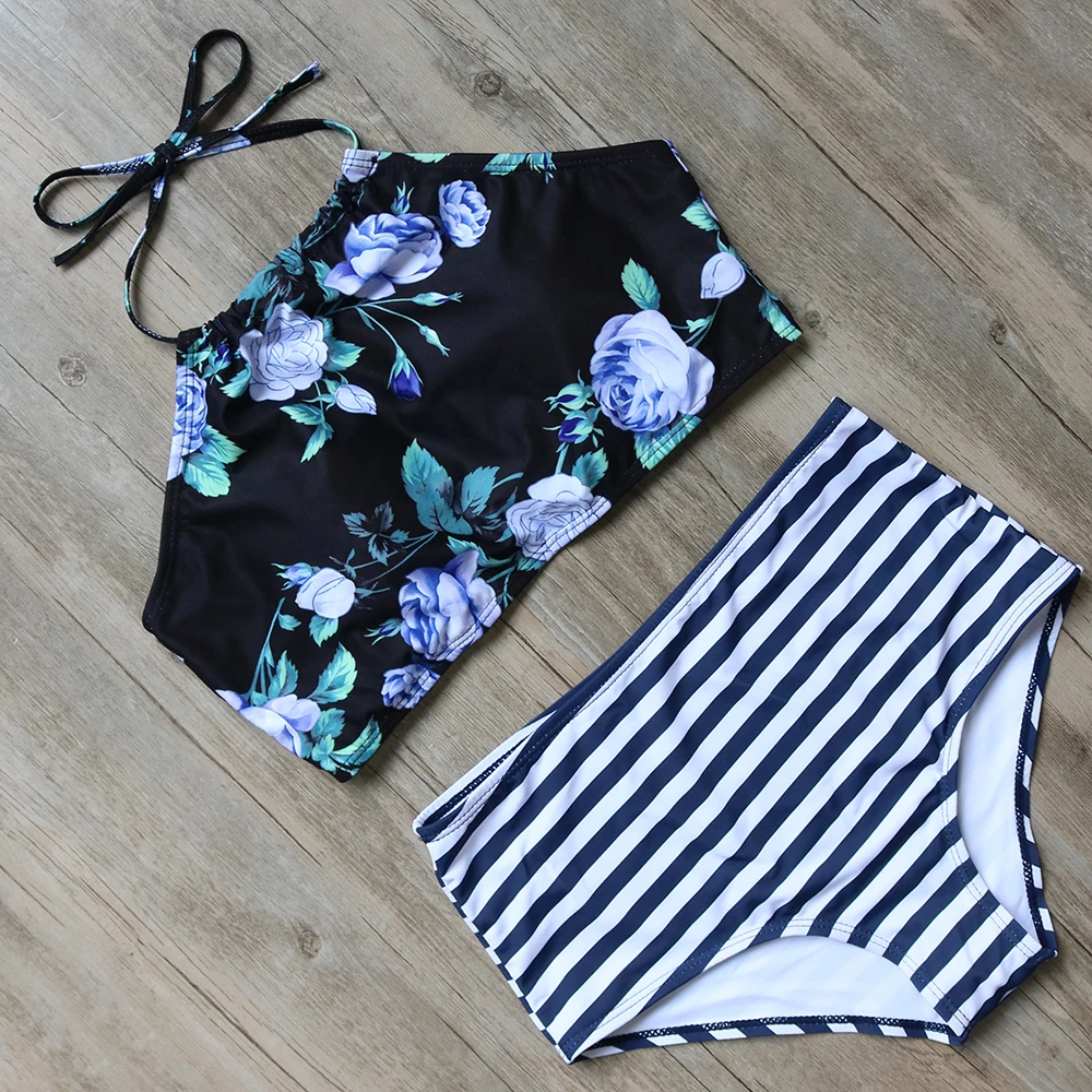 

Striped & High Waist Swimming Suit Sexy Bikini Push Up Crop Top High Neck Bikini Set Retro Bathing Suit Swimwear Women 2017 New