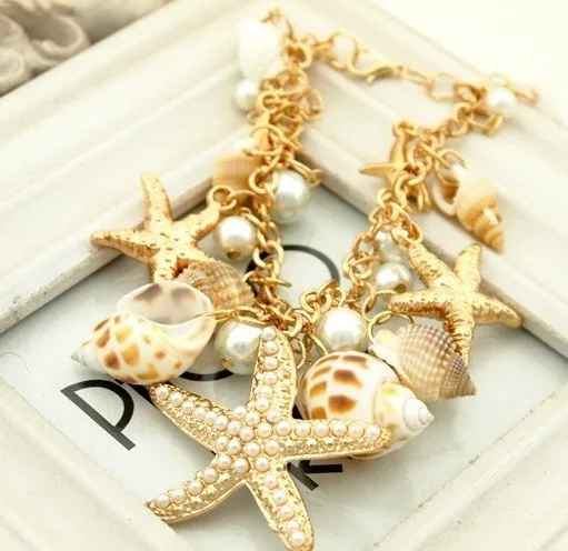

Hot Selling Ocean Style Multi Starfish Sea Star Charm Bracelet Conch Shell Pearl Chain Beach Bracelets Bangle Novelty