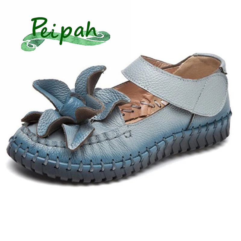 

PEIPAH Spring Flowers Mary Janes Genuine Leather Women Shoes Flats Casual Flat Shoes Woman Retro Cow Leather Female Shoes