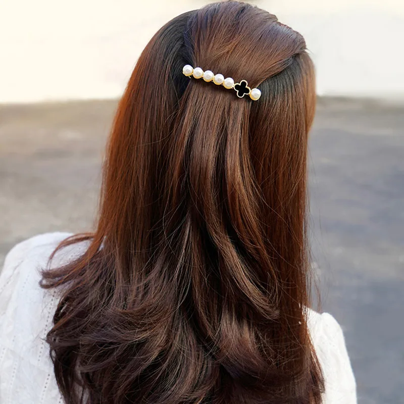 

CHIMERA Bead Hair Barrette Four-leaf Clover Hair Clips Simple Elegant Lady Hairpin Pearl Hair Clip Hairwear Ornament Accessories