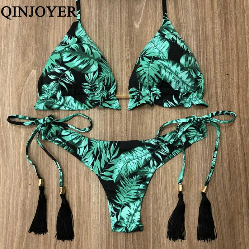 Billig 2019 Sexy Halter Badeanzug Frauen Tanga Micro Bikini String Padded Bademode Brazilian Bikini Verband Tropische Pflanze Drucken Badeanzug