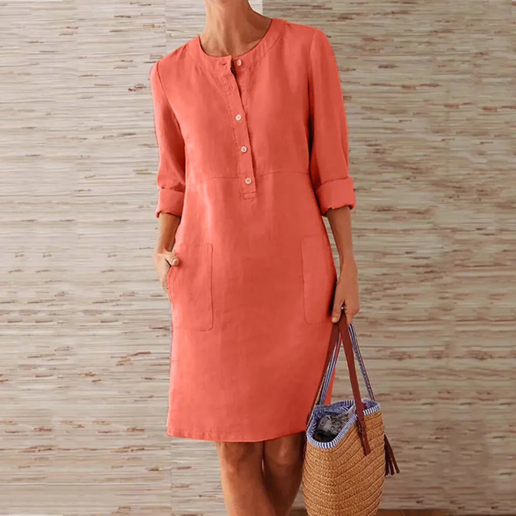 

spring dress women casual short sleeve o neck knee 2019 Fashion Women Summer Round Neck Solid Long Sleeve Pocket Dress #4