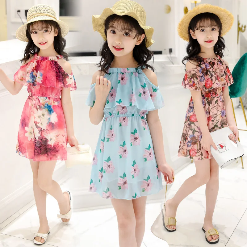 

3 To11 Years Kids & Teenager Girls 2019 Summer Off-shoulder Ruffle Chiffon Printed Temperament Dress Children Princess Dresses