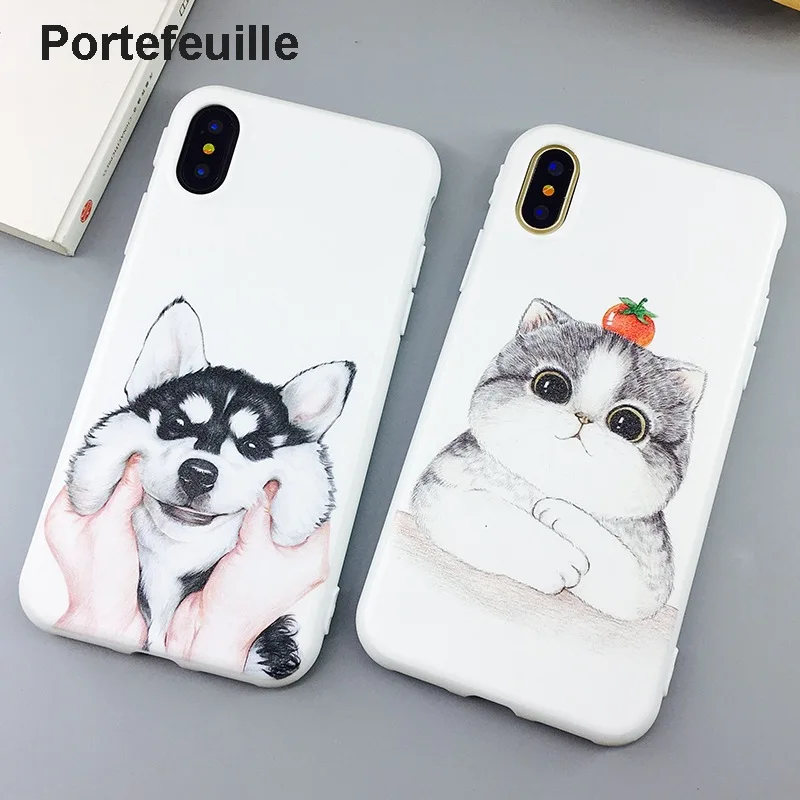 Portefeuille For iPhone X Case Cute Husky Cat Cartoon Patterned Slim Thin Silicone Case Cover For iPhone 10 8 Plus 7 6 6S Coque (2)