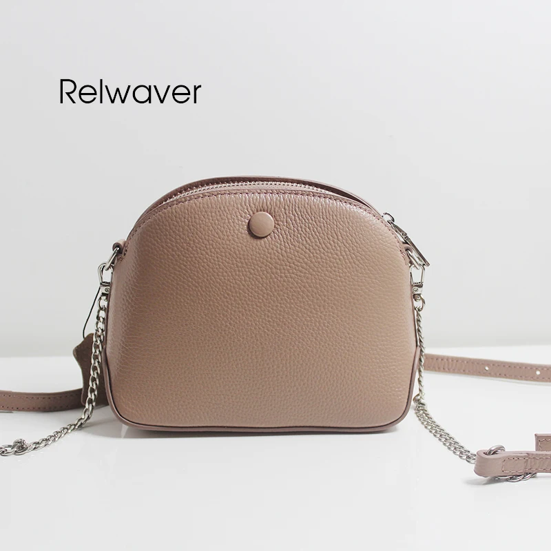 

Genuine leather shoulder bag cowhide mini shell shape brief zipper dark pink fashion stylish chain party women's crossbody bag