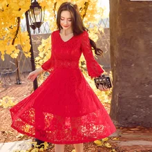 Модные женские туфли большие размеры элегантные Пережатая Талия Кружево бальный наряд платье культивирования платье расклешенными рукавами милое платье 4xl18025