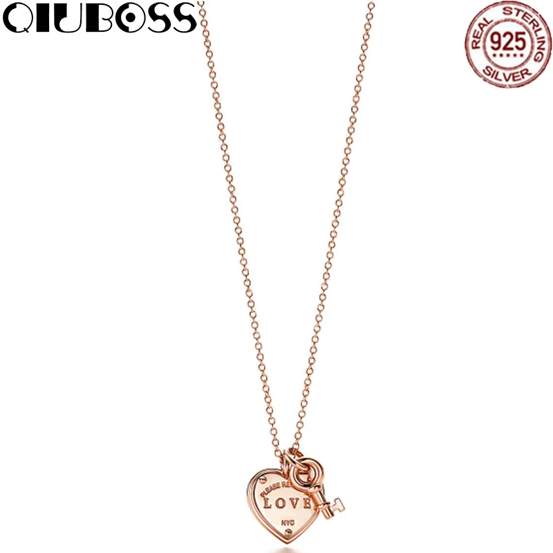 

QIUBOSS Trendy Heart & key Necklace Brand TIFF 925 Streling silver Rose gold Pendant Charm Women Necklace Jewelry