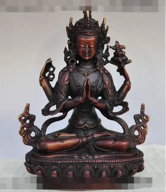 

S4883 9" chinese buddhism bronze 4 Arms Chenrezig Tara Kwan-Yin goddess buddha statue