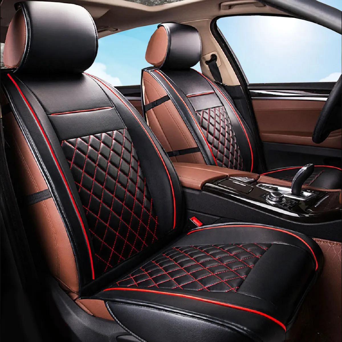 

2Pcs Universal Car Leather Seat Cushion Cool Soft Auto Front Seat Mat Cover Business Style Car Interior Accessories Black Red