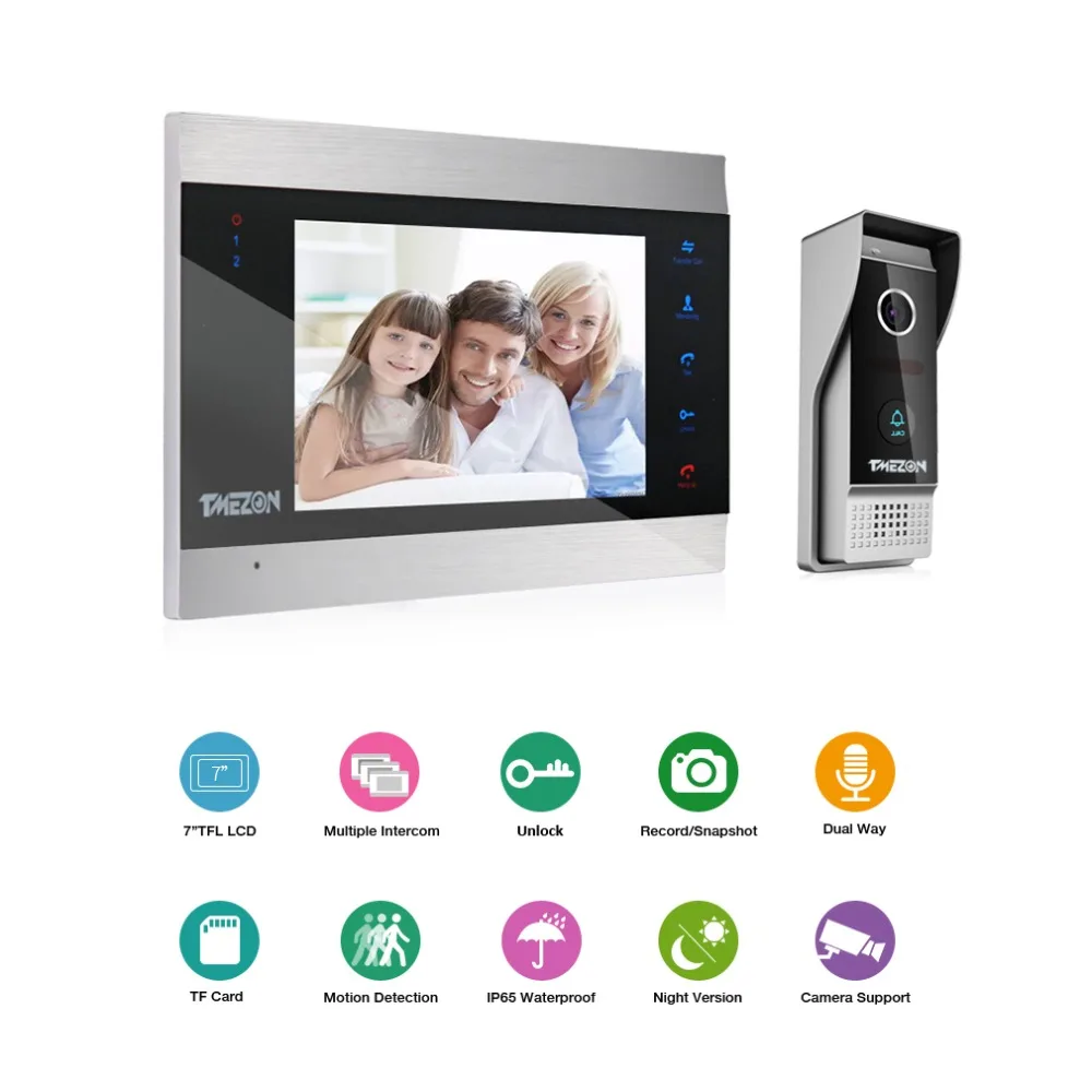 Tmezon Wired Video Door Phone System One 7" Color Monitor One 1200TVL Outdoor Doorbell Camera Waterproof Auto- IR Night Vision