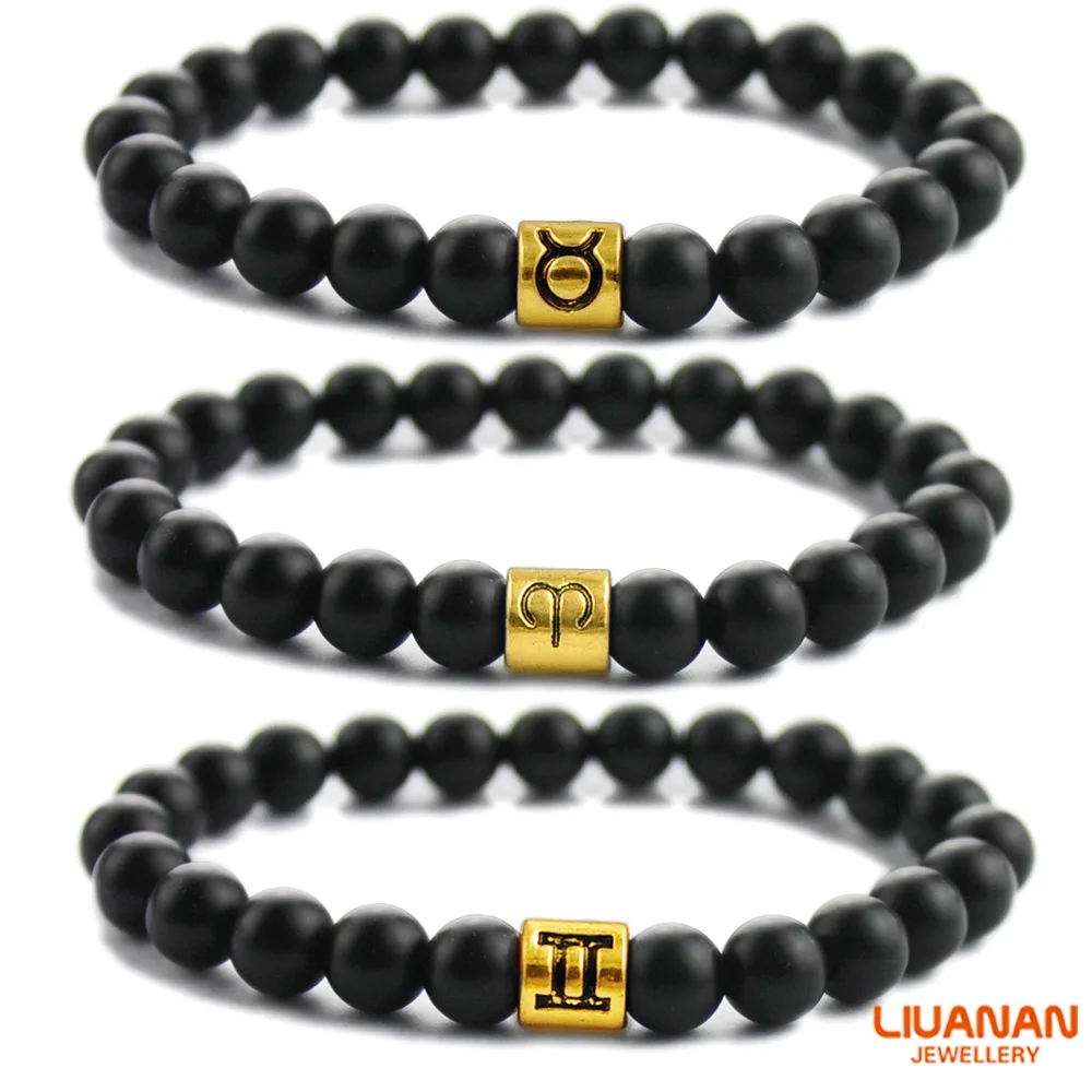 

Liuanan 12pcs/Lot Mix Gold Zodiac Sign Constellation Horoscope Astrology Charms Stretch Matte Natural Agate Beads Bracelet