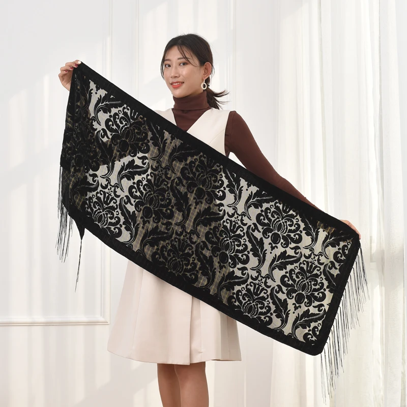 Черный Цветочный Печать длинный шарф брендовый женский Зимний Шарф бархатный шаль-пончо модный подарок для влюбленных