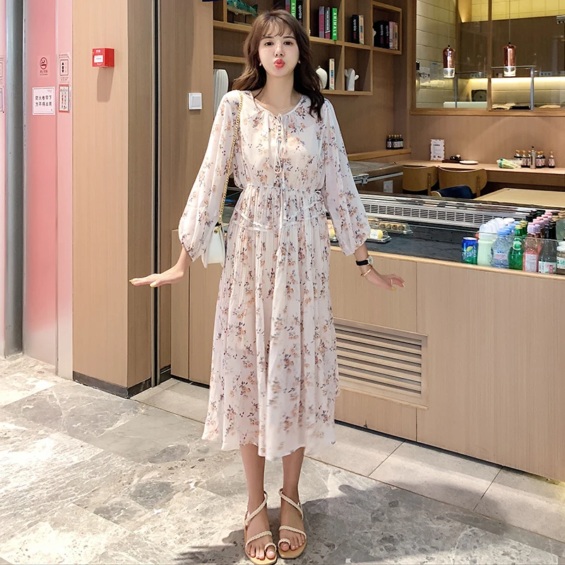 

Spring Autumn 2019 New Popular Floral Print Bohemian Beach Dress for Women Long Maxi Elegant Chiffon Party Dress Vestidos Longo