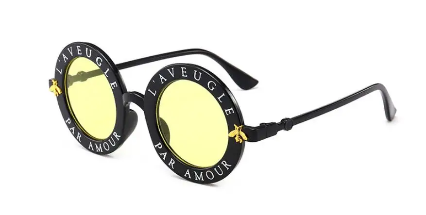 Ретро Круглые Солнцезащитные очки для женщин, фирменный дизайн, английские буквы, пчелиный круг, солнцезащитные очки, модные женские очки - Цвет линз: Black Yellow