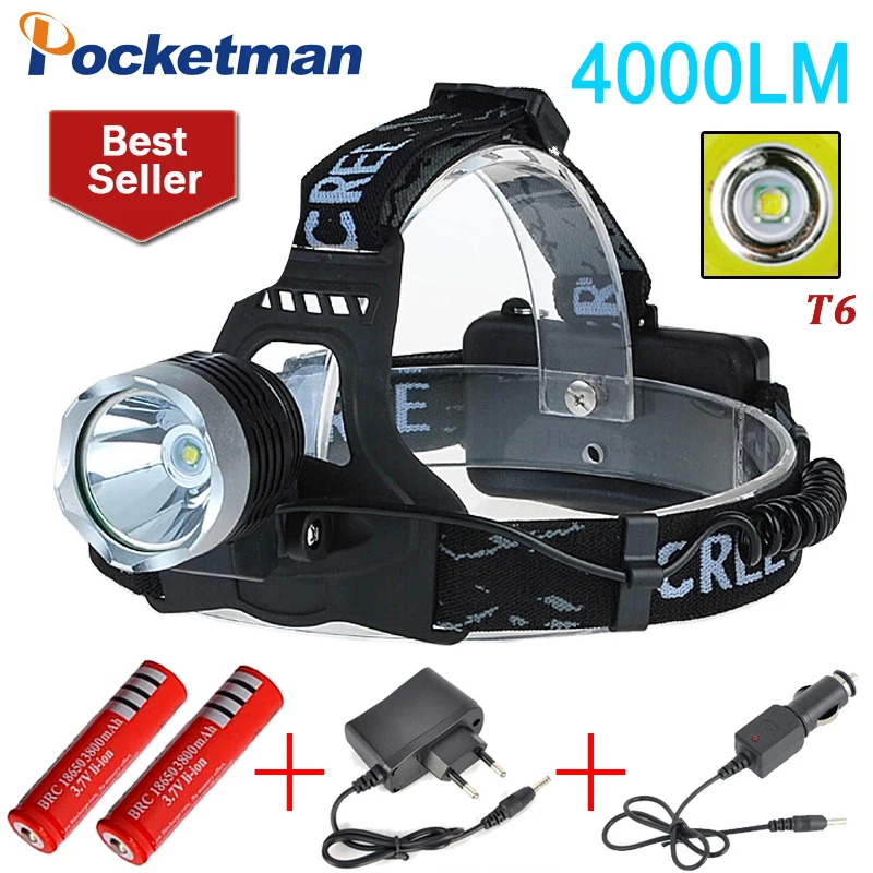 

4000 lumens led headlamp xml t6 Headlights Lantern 3 mode waterproof torch head 18650 Rechargeable Battery Newest