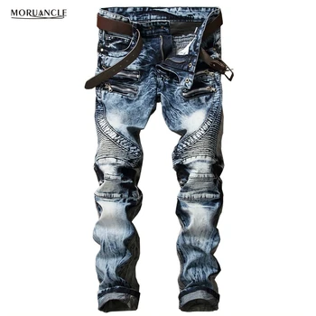 

MORUANCLE Fashion Men's Biker Jeans Pants Slim Fit Pleated Motocycle Denim Trousers Brand Designer Multi Zippers Straight
