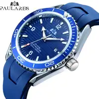 Men Automatic Self Wind Mechanical Orange Blue Black Rubber Strap Bezel Dial James Bond 007 Style Business Calendar Watch