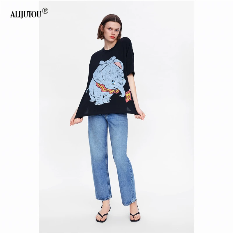 2019 zaraing Dumbo Woman t shirt Spring Summer Girls Print Short Sleeve O Neck Cotton Women Top Slim Fit Soft Quality Tops Tee