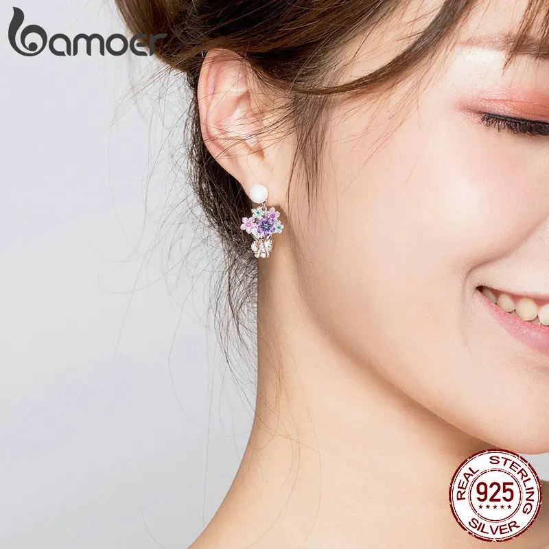 Skup Bamoer bukiet kwiatów Dangle kolczyki dla kobiet biżuteria ślubna 925 srebro srebrno biały perłowy orki oryginalny Design BSE152