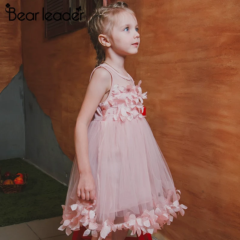 Платье для маленьких девочек Bear Leader, летнее сетчатое цельнокроеное приталенное платье розового цвета с аппликацией