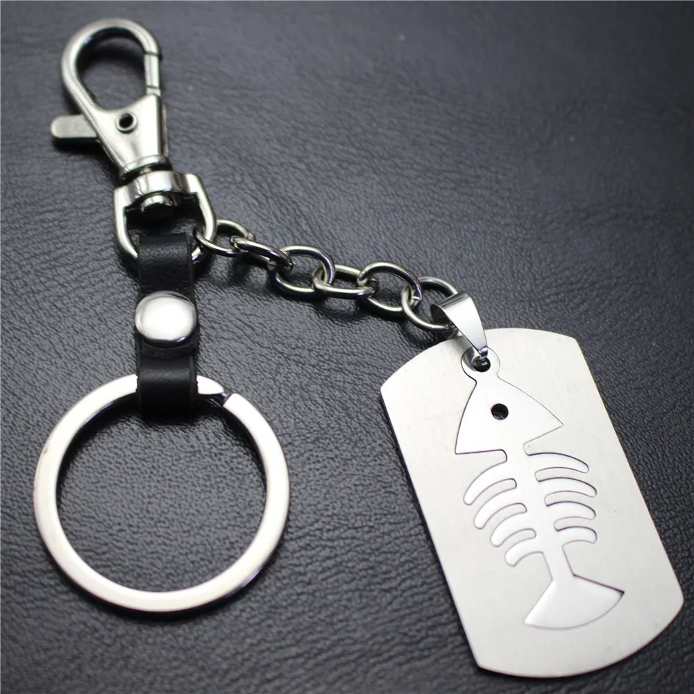 

Double Fish Bone Stainless Steel Keychain Creative Bag Pendant Key Chain Multicolored Head Layer Cowhide Couple Gift