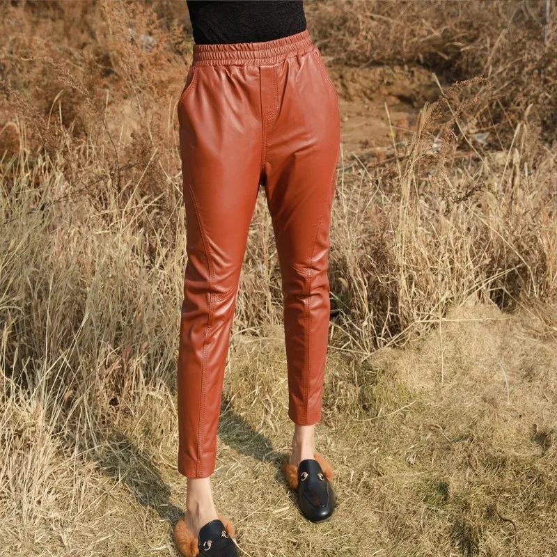 Женские брюки-карандаш из натуральной овечьей кожи, новые женские Роскошные брюки из натуральной кожи, элегантные брюки, осенняя уличная одежда с эластичным поясом