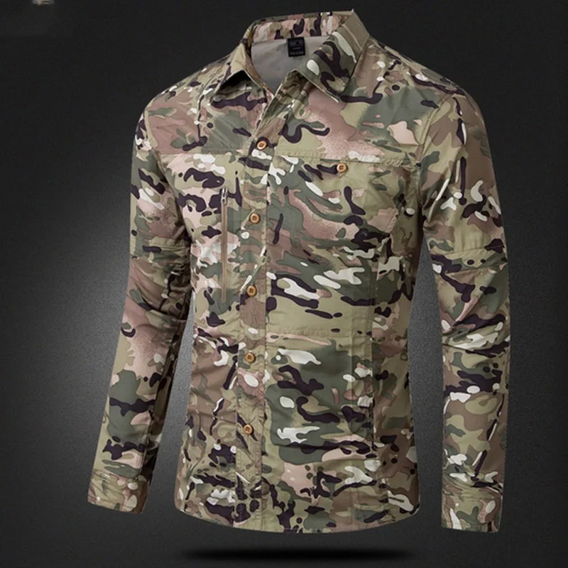 

HOT 2019 Outdoor Summer Sport Long Sleeve Cargo Army Military Cargo Camouflage Men Quick-drying tactical shirt With pocket