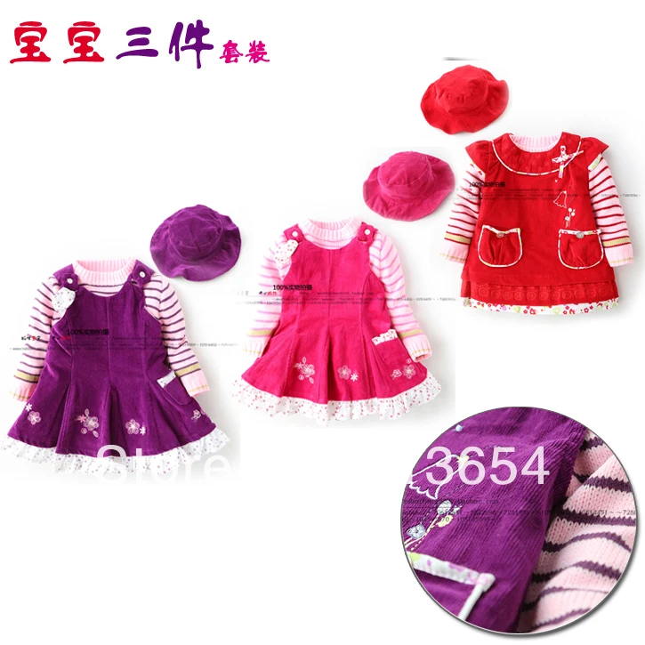 

children's fashion 2014 spring autumn dress baby & kids clothes sets girl dress + kids sweater +hat 3pcs sets child casual dress