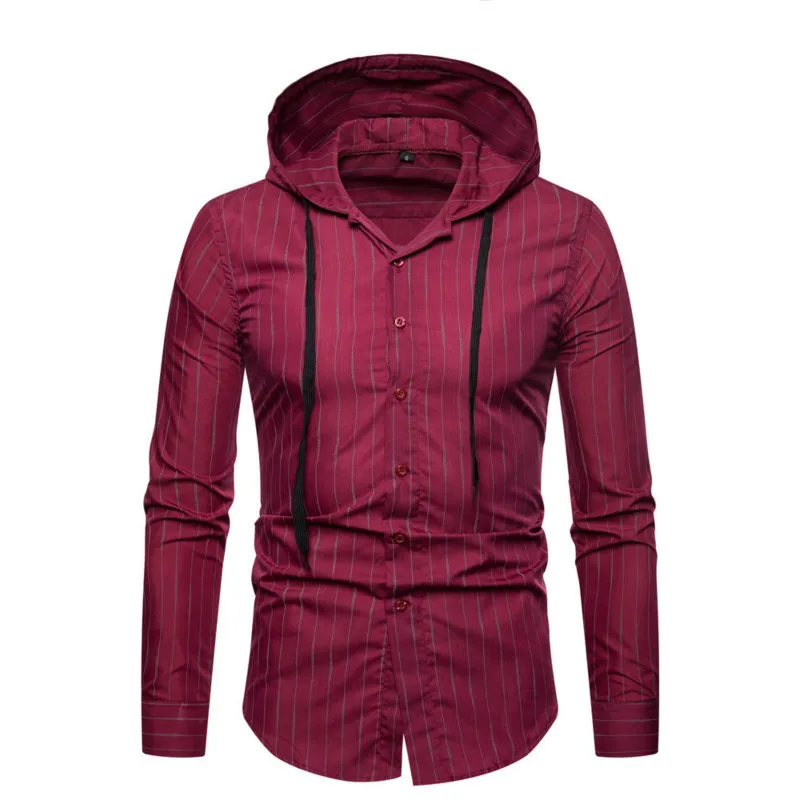 

Men New Striped Hooded Long Sleeve Casual Shirt Camisa Masculina Mens Fashion Shirts Male Tops 4colour