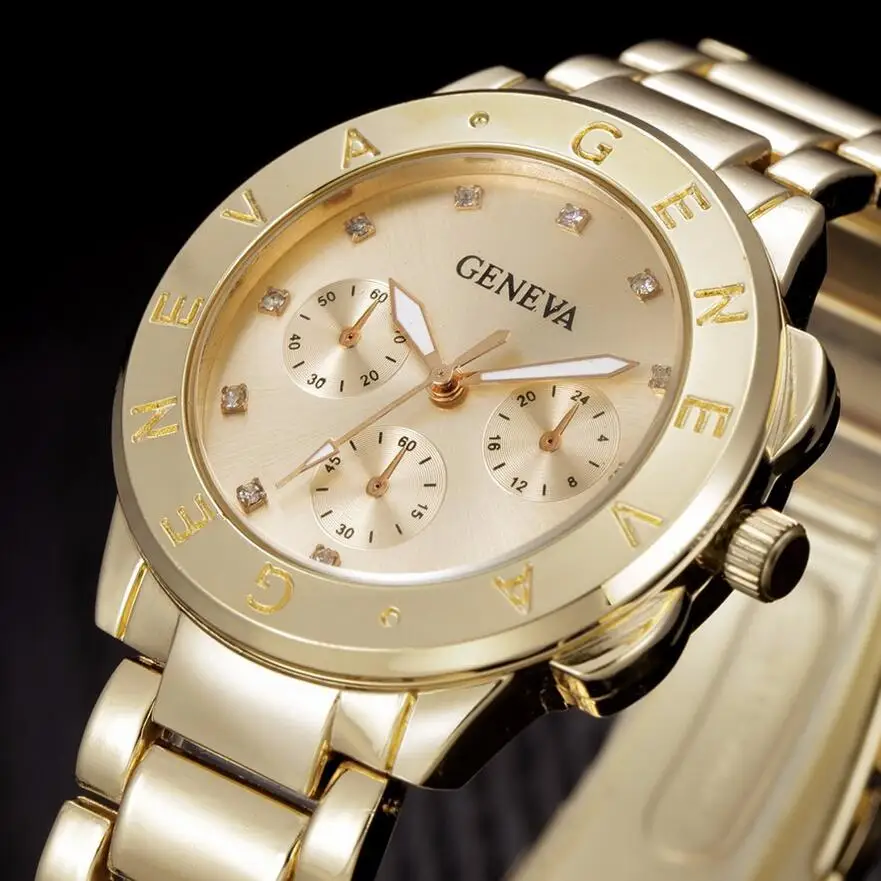 Новинка, известный бренд, женские золотые кварцевые часы Geneva из нержавеющей стали, военные Кристальные повседневные аналоговые часы, Relogio Feminino
