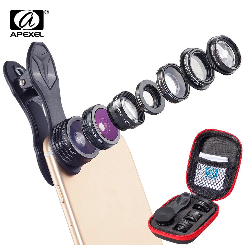 

APEXEL 7 in 1 Phone Lens Kit Fisheye lens super Wide Angle macro Lens CPL Filter Kaleidoscope and telescope Lens for smartphone