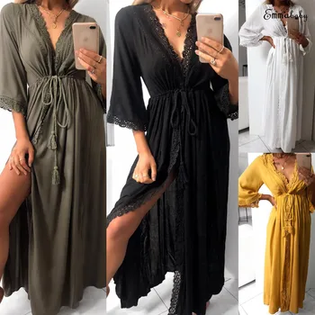 

2019 Women Sexy Maxi Dress Boho Evening Party Summer Beach Casual Long Sleeves V Neck Sundress
