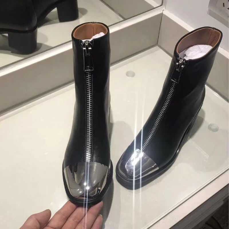 

Iron Square Toe Front Zip Botines Mujer 2019 New Brand Designer Women Shoes Chunky High Heels Ankle Boots For Women Real Leather