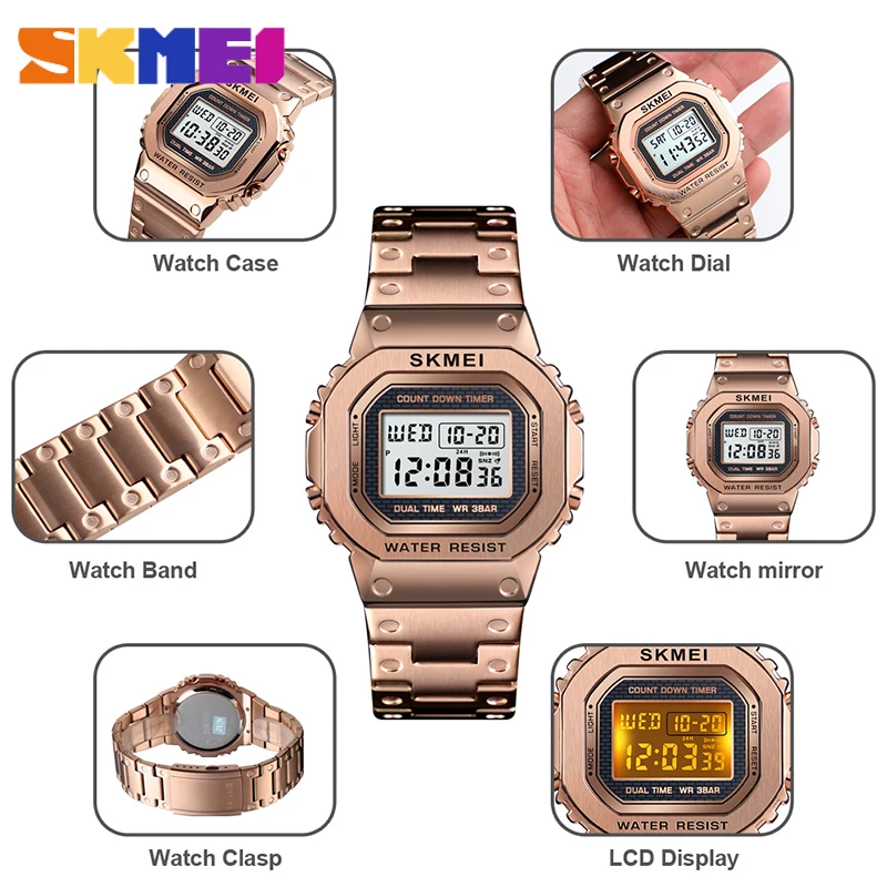 SKMEI 2019 NEW Men's G-Style Digital Watches Luxury Stainless Steel Square Electronic Wristwatches Womens Shock LED Sprots Watch