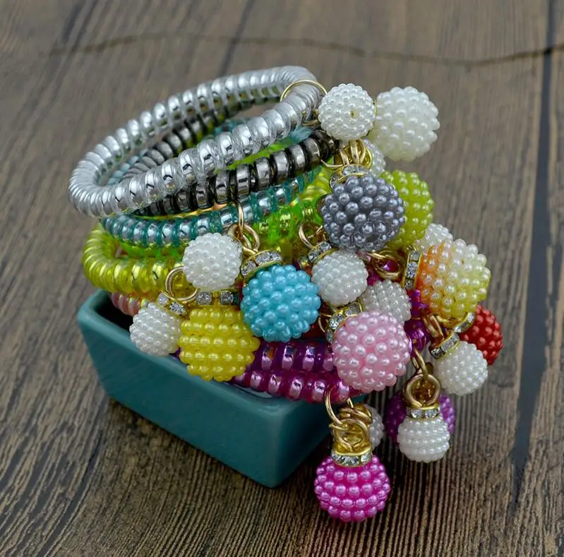 

5 pcs/Lot Fashion Rubber Bands Holders Charms Colorful Pearl Ball Elastic Hair Bands Hair Accessories Bracelet For Girl Women
