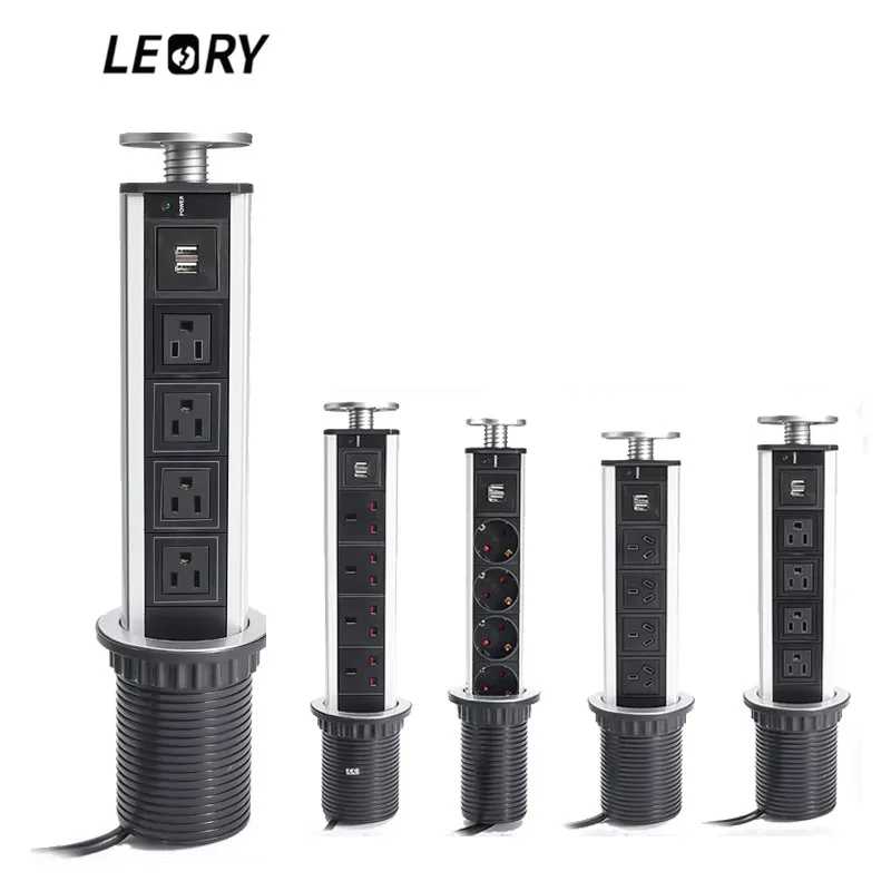 

LEORY Kitchen Plug Sockets 250V 13A 2500W POP UP Electrical Power Outlet 4 Plug Sockets 2 USB Retractable Table Socket Indicator