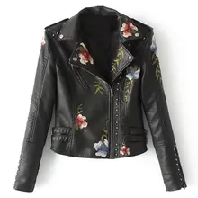 Floral Print Embroidery Faux Leather Women Jacket Coat Collar Casual Pu Motorcycle Black Punk Outerwear Drop Shipping