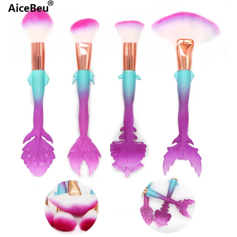 

AiceBeu 4Pcs Mermaid Makeup Brushes Silicone Handle Foundation Powder Make Up Flat Brushes Pincel Maquiagem Mermaid Brush