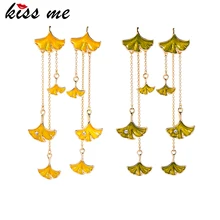 kissme Two-tone Enamel Crystal Ginkgo Leaves Different Length Chain Tassel Drop Earrings For Women Gifts New Fashion Accessories tassel decor two tone shopper bag