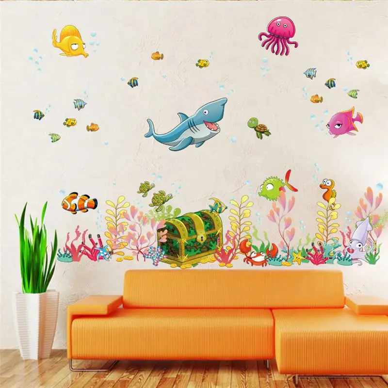 Deep sea world fish animals настенные наклейки для комнаты украшения мультфильм декор на стену zoo детские домашние наклейки плакат 1307. 4,0
