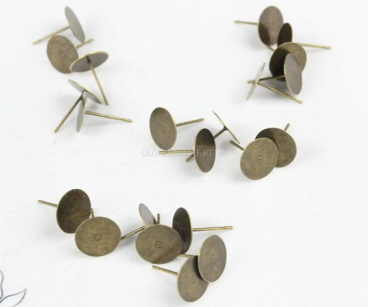 400pcs Earring Studs Antique Bronze Earring Flat Stud With 10mm Glue Pad Earring Ear Stud