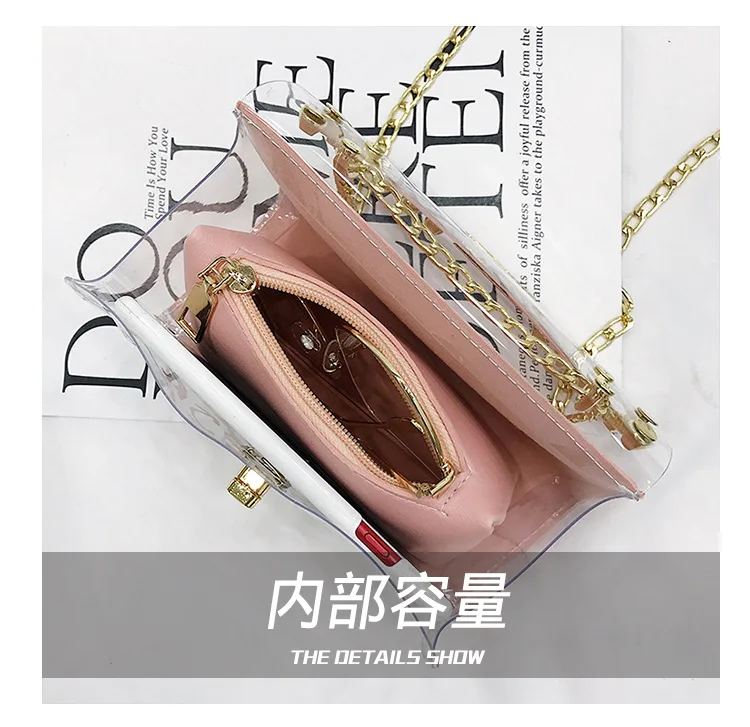 Womens Candy Color PVC Transparent Crossbody Bag 2pcs sets Rivets Letter Print Messenger Bags Fashion Girls Clear Chain Tote bag (3) - 