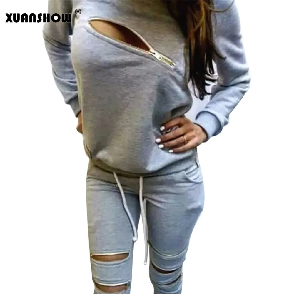 XUANSHOW Модные женские спортивные костюмы на молнии с круглым вырезом и длинным