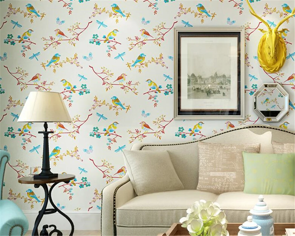 Yellow light blue 3d wallpaper roll flower bird butterfly ...